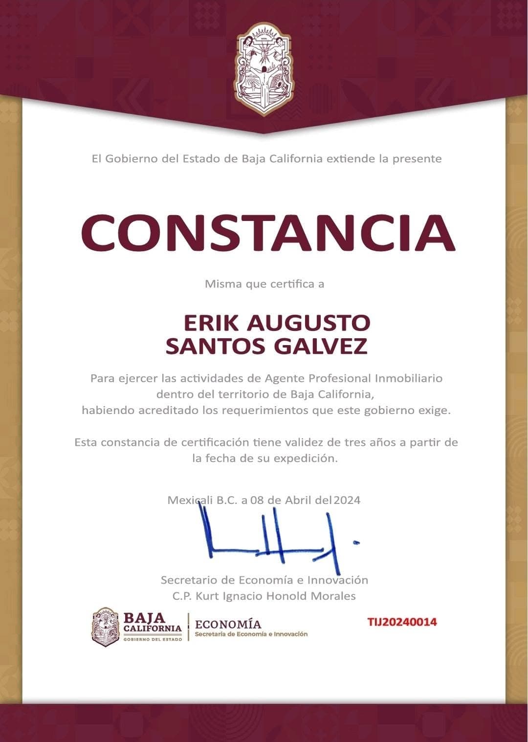 Constancia de agente inmobiliario · Baja California